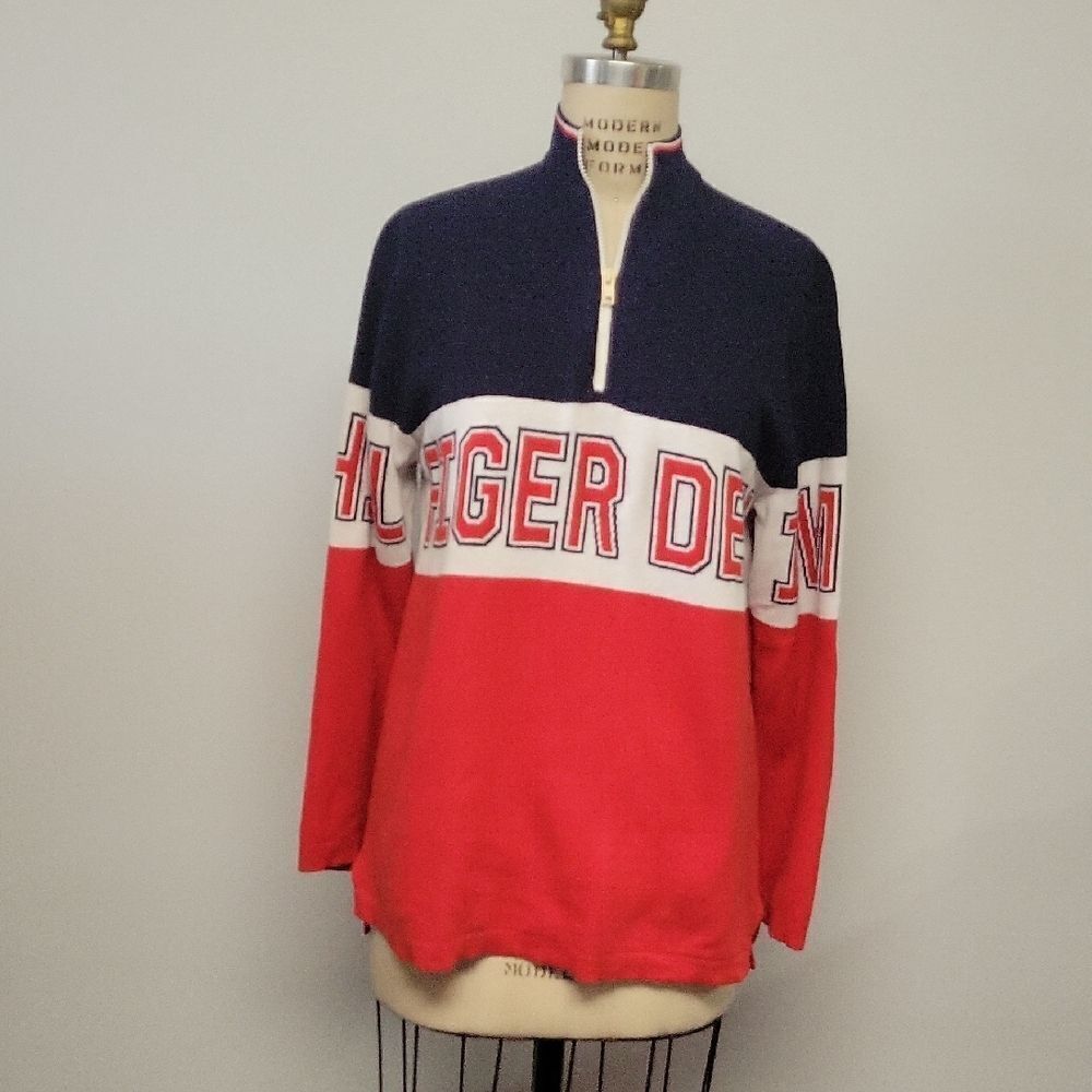 Tommy Hilfiger Denim Men's Navy and Red Zip-Up Sweater